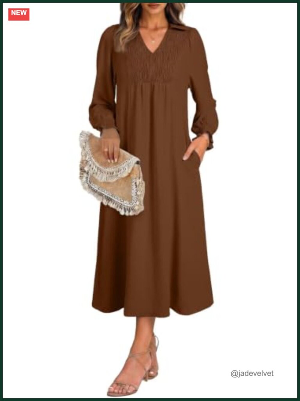 V-Neck Puff Long Sleeve Empire Waist Maxi Dress A-Line Flowy